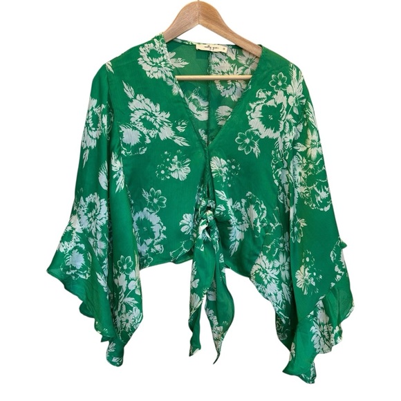 Molly Green Blouse Green Floral Tie Front Flowy Boho Size Small - Picture 1 of 6